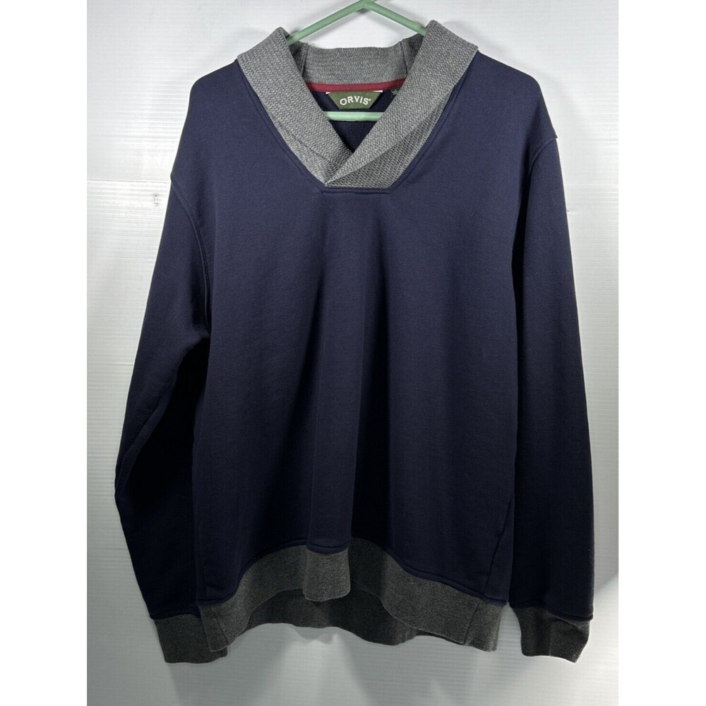 Orvis Men’s Cowl Neck Pullover Sweatshirt Long Sleeve Navy Blue Gray Sz L